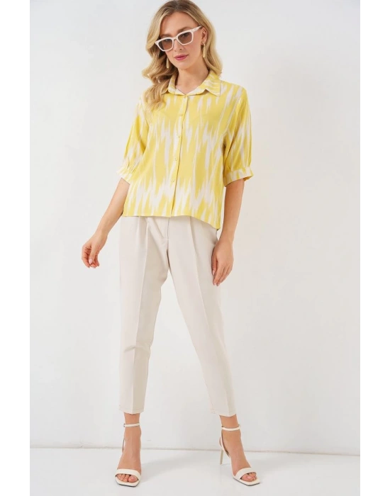 Desenli Kısa Kol Crop Gömlek 20337  Sarı