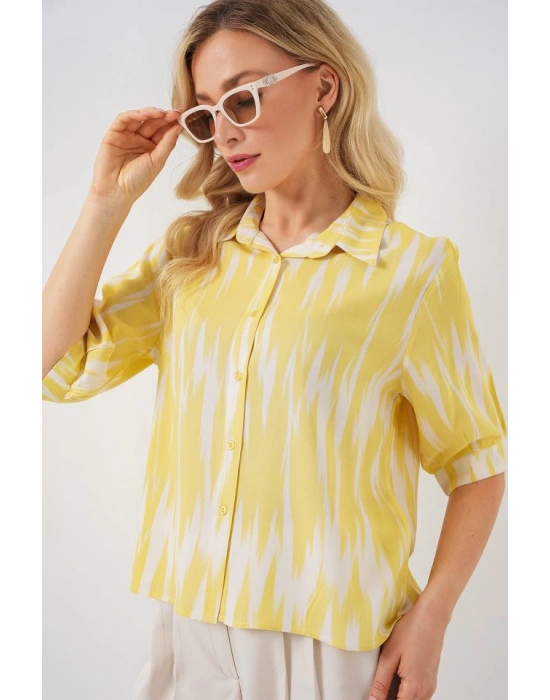 Desenli Kısa Kol Crop Gömlek 20337  Sarı