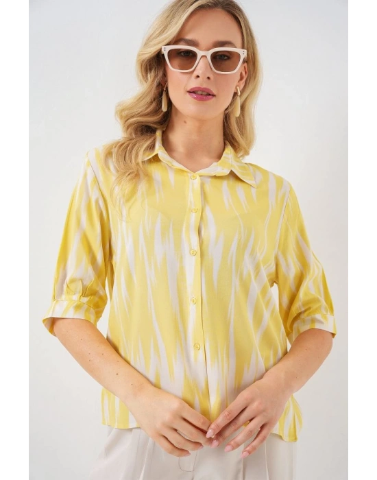 Desenli Kısa Kol Crop Gömlek 20337  Sarı