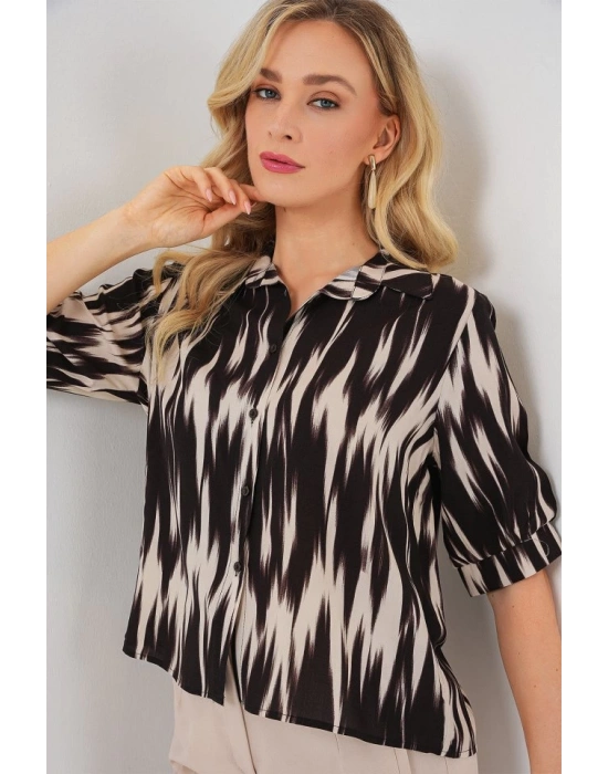 Desenli Kısa Kol Crop Gömlek 20337  Siyah