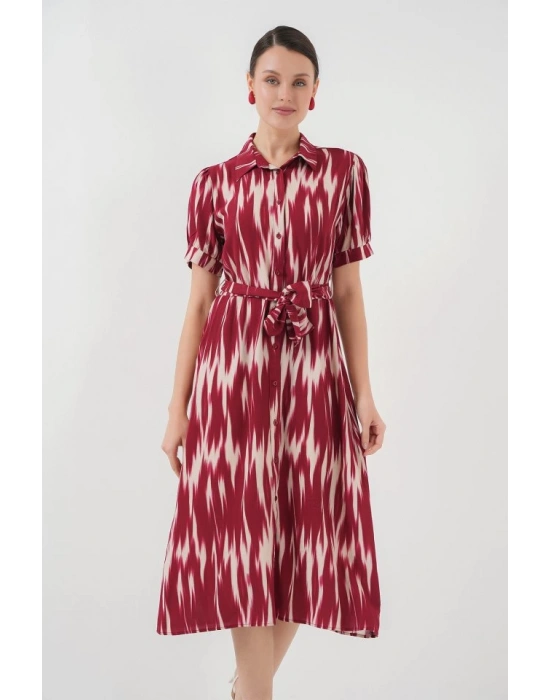 Desenli Kısa Kol Elbise 2532  Bordo