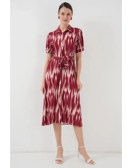 Desenli Kısa Kol Elbise 2532  Bordo