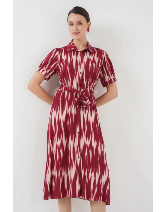 Desenli Kısa Kol Elbise 2532  Bordo