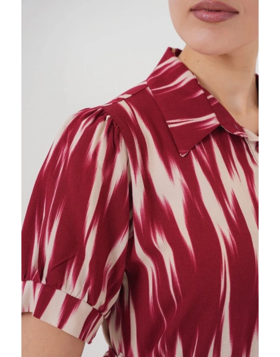 Desenli Kısa Kol Elbise 2532  Bordo