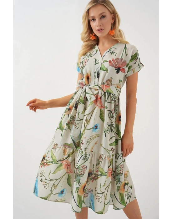 Desenli Kısa Kol Elbise 2558  Çağla