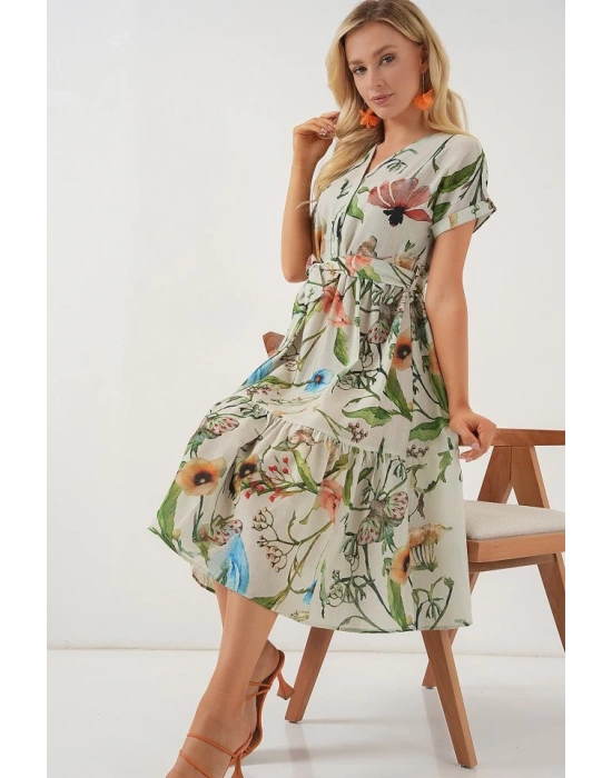 Desenli Kısa Kol Elbise 2558  Çağla