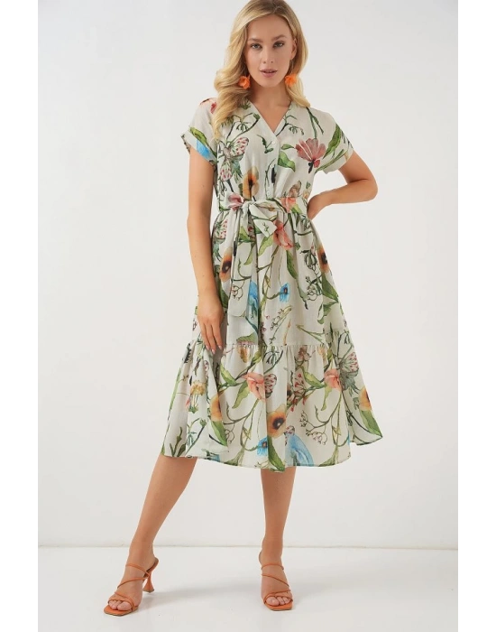 Desenli Kısa Kol Elbise 2558  Çağla