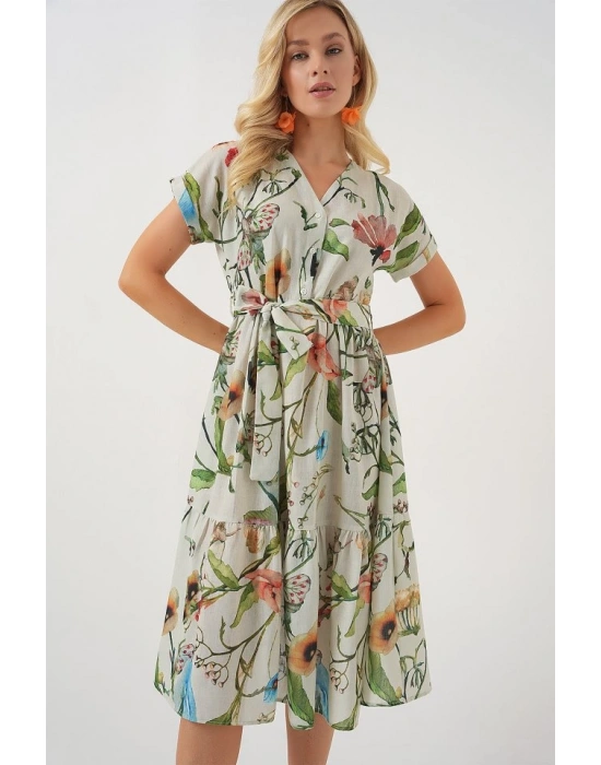 Desenli Kısa Kol Elbise 2558  Çağla