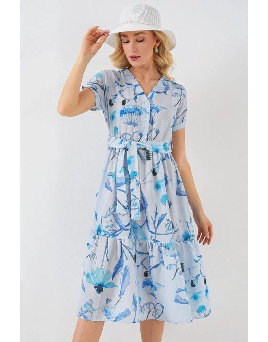 Desenli Kısa Kol Elbise 2558  Mavi