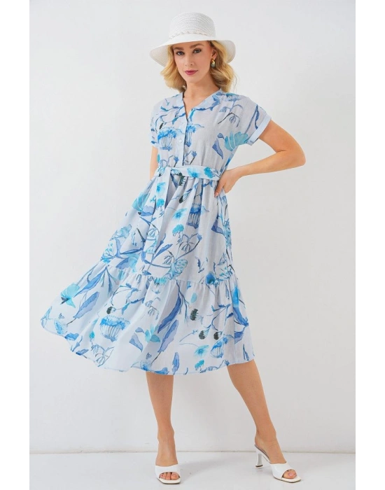 Desenli Kısa Kol Elbise 2558  Mavi