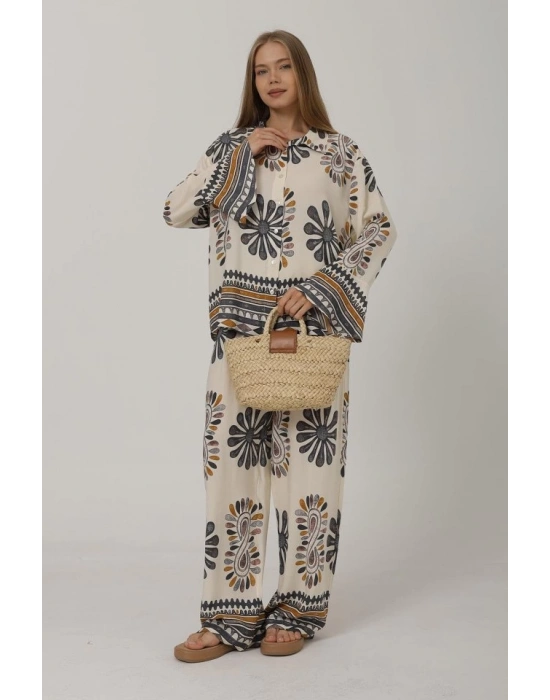 Desenli Kolları Volanlı Pantolon Takım  Antrasit