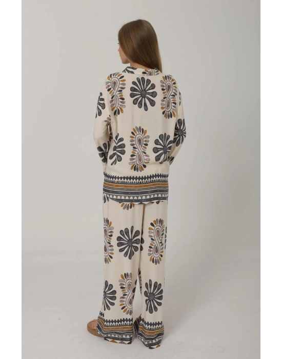 Desenli Kolları Volanlı Pantolon Takım  Antrasit