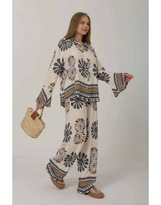 Desenli Kolları Volanlı Pantolon Takım  Antrasit