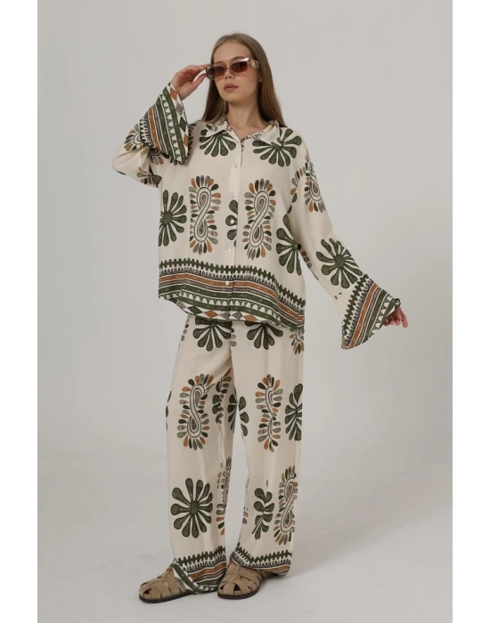 Desenli Kolları Volanlı Pantolon Takım  Haki