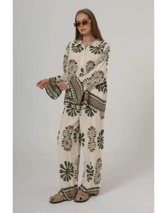 Desenli Kolları Volanlı Pantolon Takım  Haki