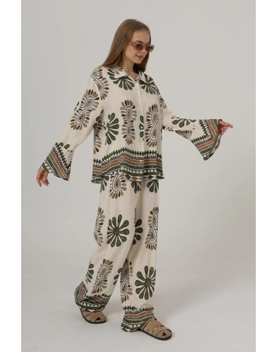 Desenli Kolları Volanlı Pantolon Takım  Haki