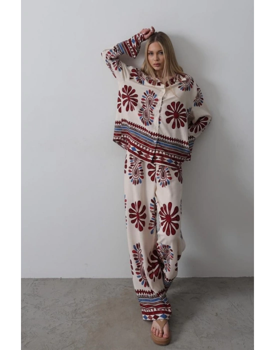 Desenli Kolları Volanlı Pantolon Takım  Kırmızı