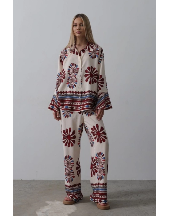 Desenli Kolları Volanlı Pantolon Takım  Kırmızı