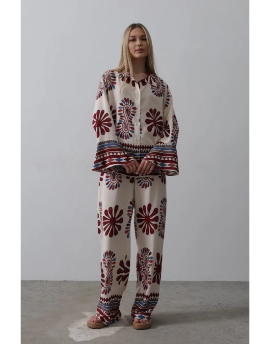 Desenli Kolları Volanlı Pantolon Takım  Kırmızı