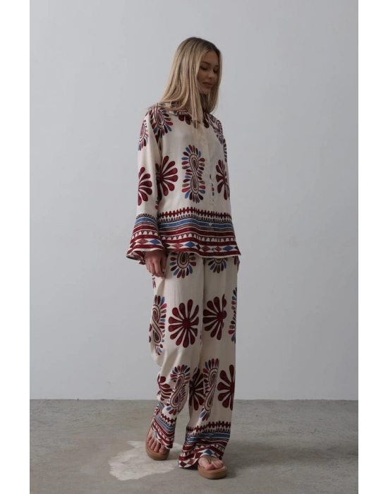 Desenli Kolları Volanlı Pantolon Takım  Kırmızı