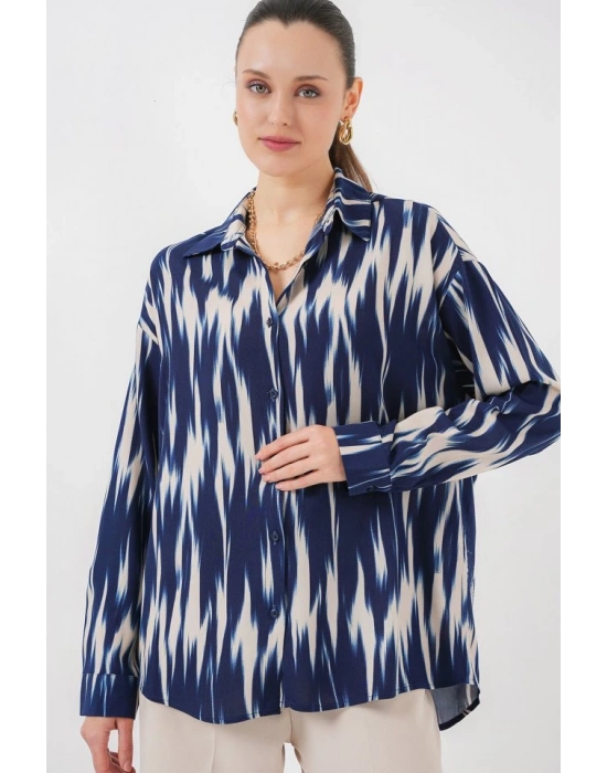 Desenli Oversize Gömlek 20301  Lacivert