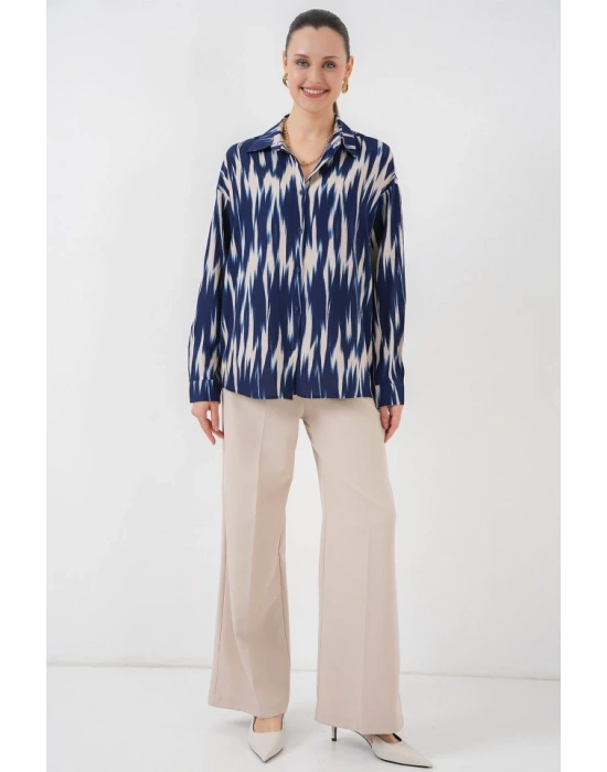 Desenli Oversize Gömlek 20301  Lacivert