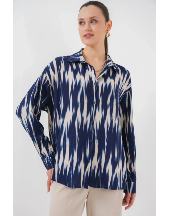Desenli Oversize Gömlek 20301  Lacivert
