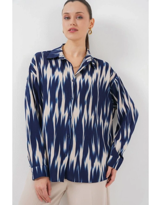 Desenli Oversize Gömlek 20301  Lacivert