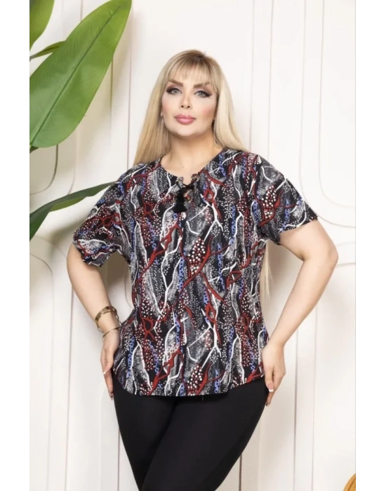 Desenli Püsküllü Viskon Bluz Bebe Yaka Kısa Kollu Big Size Rahat Kesim  Desenli