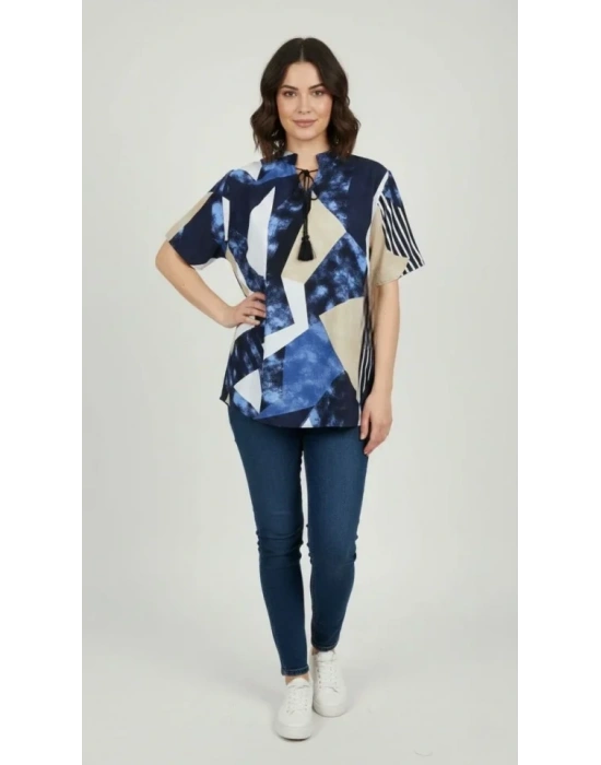 Desenli Püsküllü Viskon Bluz Bebe Yaka Kısa Kollu Big Size Rahat Kesim  Desenli