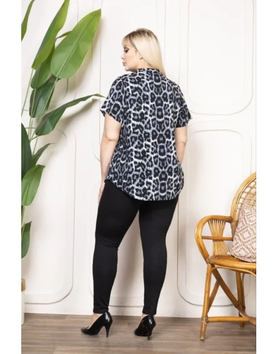 Desenli Püsküllü Viskon Bluz Bebe Yaka Kısa Kollu Big Size Rahat Kesim  Desenli