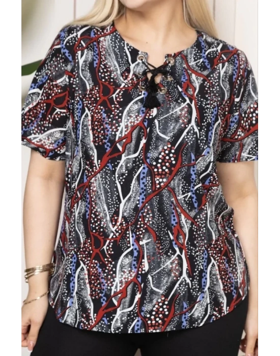 Desenli Püsküllü Viskon Bluz Bebe Yaka Kısa Kollu Big Size Rahat Kesim  Desenli