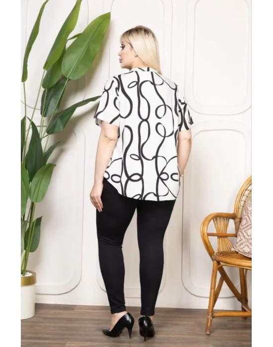 Desenli Püsküllü Viskon Bluz Bebe Yaka Kısa Kollu Big Size Rahat Kesim  Desenli