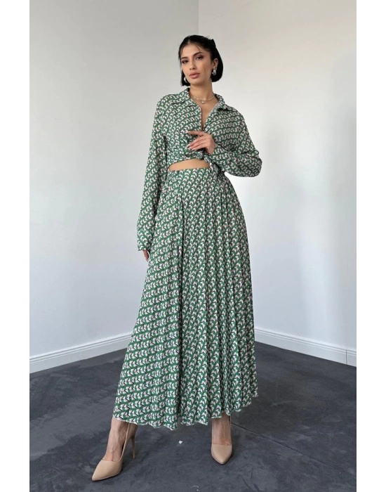 Desenli Viskon Gömlek Ve Etek Takım  Yeşil