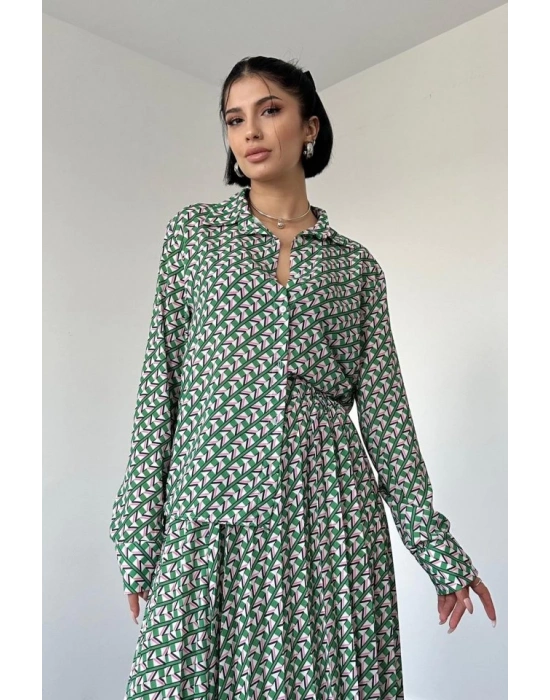 Desenli Viskon Gömlek Ve Etek Takım  Yeşil