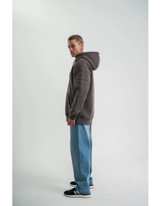 Double Oversize Kapşonlu Nakışlı weathirt  Füme