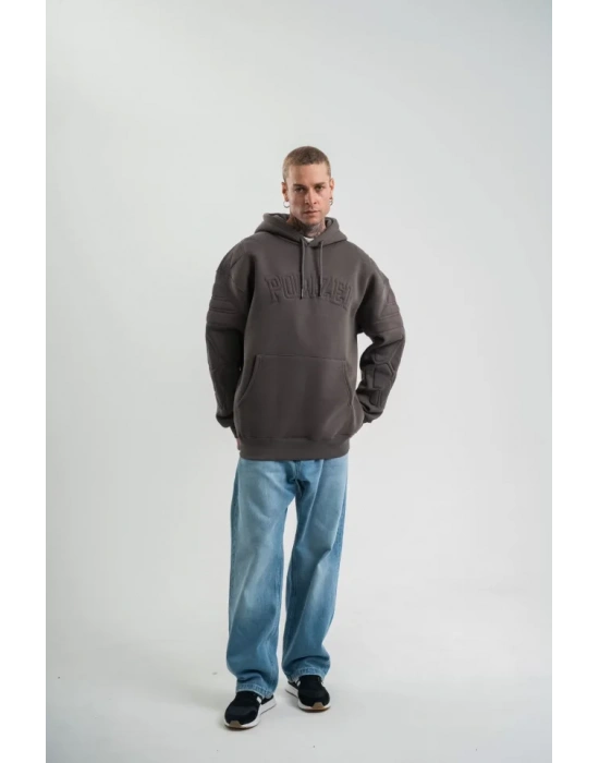 Double Oversize Kapşonlu Nakışlı weathirt  Füme