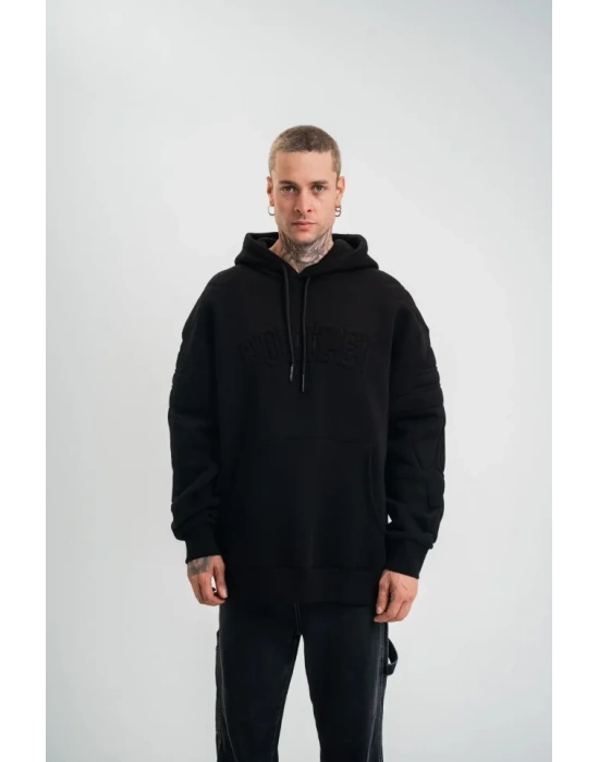 Double Oversize Kapşonlu Nakışlı weathirt  iyah