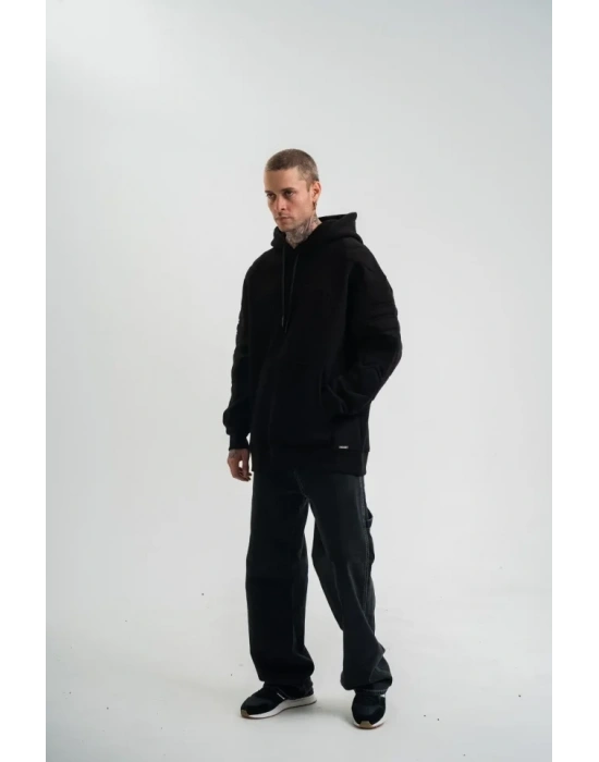 Double Oversize Kapşonlu Nakışlı weathirt  iyah