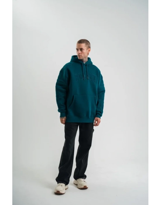 Double Oversize Kapşonlu Nakışlı weathirt  Koyu Deniz Yeşili