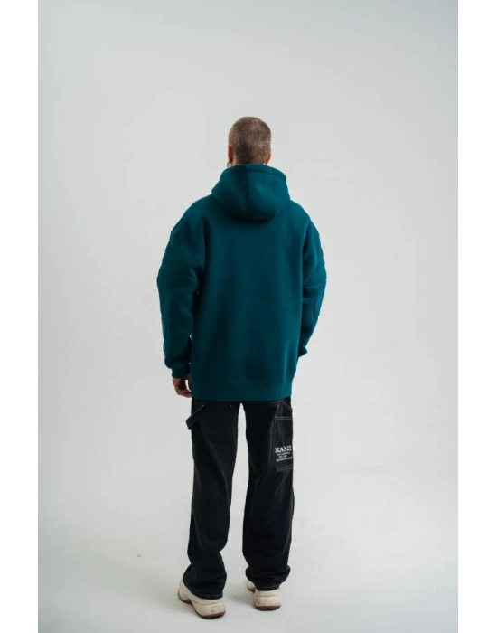 Double Oversize Kapşonlu Nakışlı weathirt  Koyu Deniz Yeşili