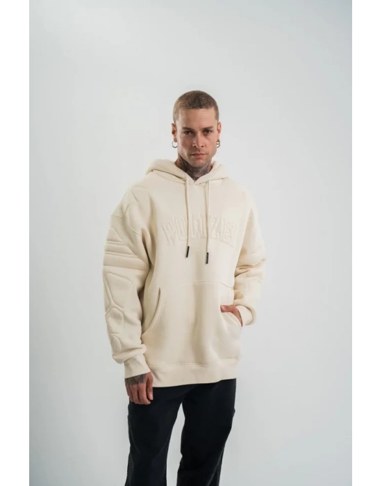 Double Oversize Kapşonlu Nakışlı weathirt  Krem