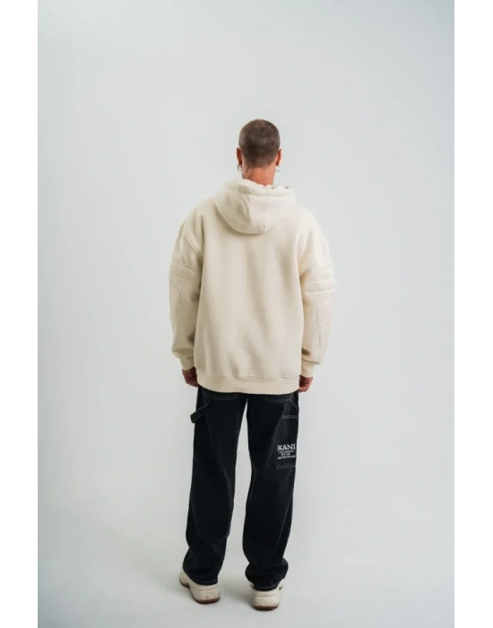 Double Oversize Kapşonlu Nakışlı weathirt  Krem