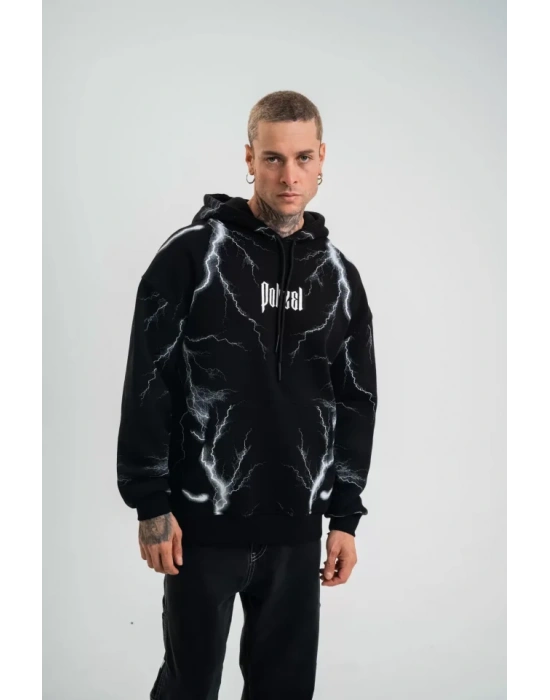 Double Oversize Kapşonlu Şimşek Pano Baskılı SweatShirt  Siyah