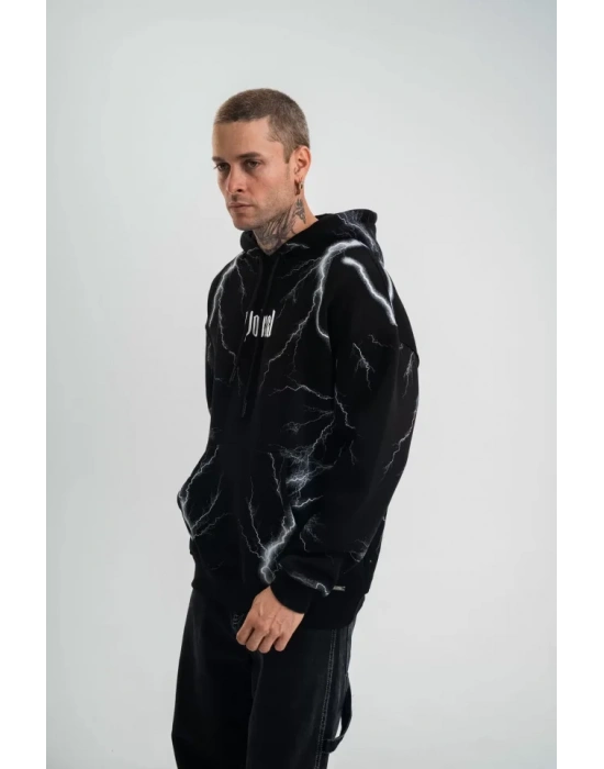 Double Oversize Kapşonlu Şimşek Pano Baskılı SweatShirt  Siyah