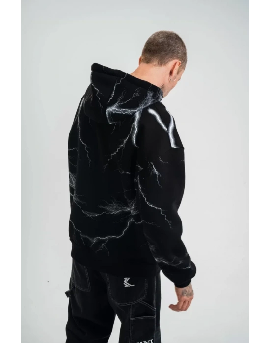 Double Oversize Kapşonlu Şimşek Pano Baskılı SweatShirt  Siyah