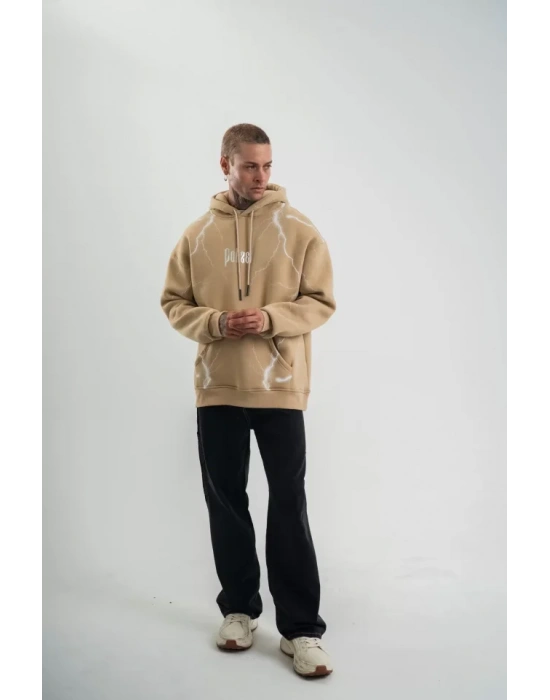 Double Oversize Kapşonlu Şimşek Pano Baskılı weathirt  Bej