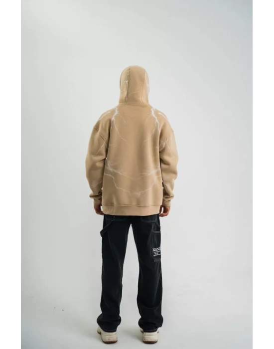 Double Oversize Kapşonlu Şimşek Pano Baskılı weathirt  Bej