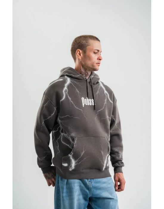 Double Oversize Kapşonlu Şimşek Pano Baskılı weathirt  Füme