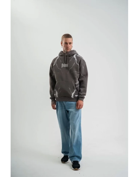 Double Oversize Kapşonlu Şimşek Pano Baskılı weathirt  Füme